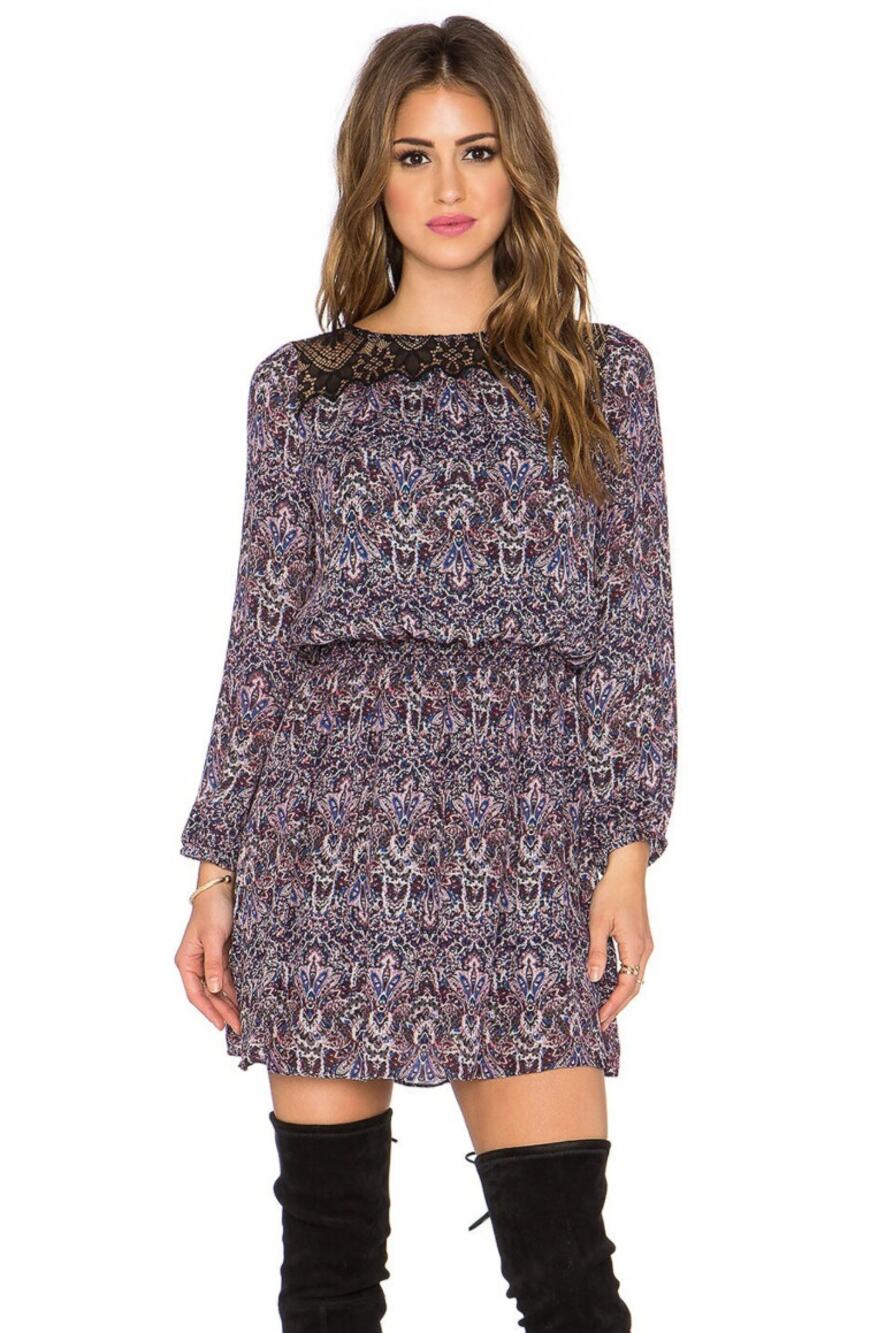 Joie AMEDEO 100% Silk Long Sleeve Paisley Mini Dress Charcoal Cavair S NWT $378